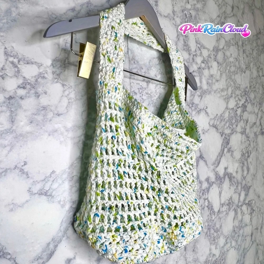 Handmade Crochet Market Beach Eco Friendly 100% Cotton Tote Bag PinkRainCloud